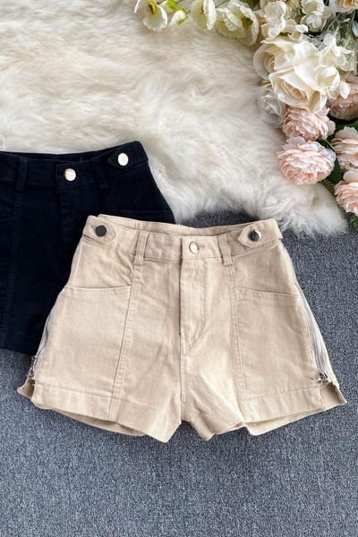 Модерни дамски къси панталони с висока талия и цип 