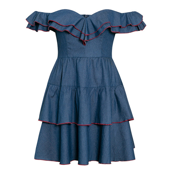 Стилна дамска къса дънкова рокля с дълбоко деколте 