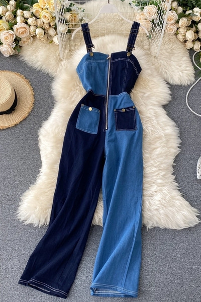 Модерен дамски дълъг гащеризон с цип и презрамки 