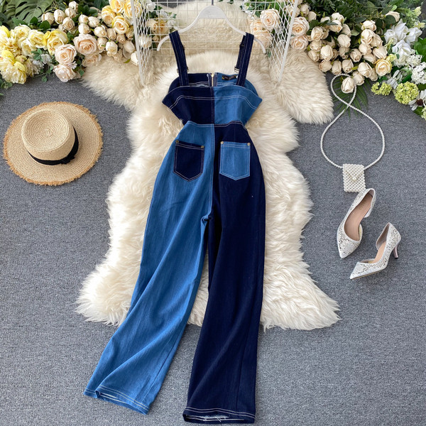 Модерен дамски дълъг гащеризон с цип и презрамки 