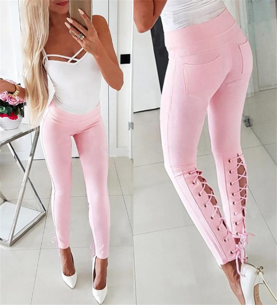 Ежедневен дамски дълъг панталон с висока талия и връзки 