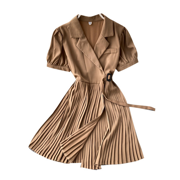 Модерна дамска плисирана рокля с къс ръкав 