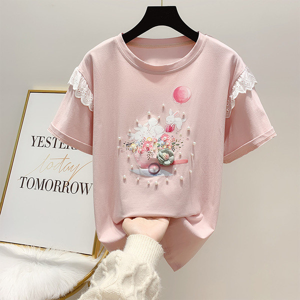 Дамска блуза с къс ръкав - апликация и дантела 