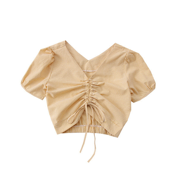 Модерна карирана дамска блуза с връзки и шпиц деколте