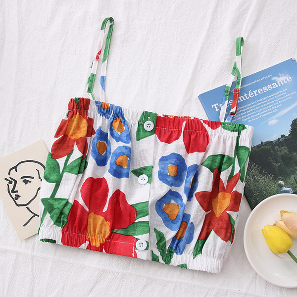 Модерен дамски потник с тънки презрамки и флорален десен