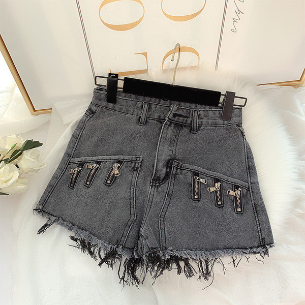 Дамски къси дънки с декорация цип - висока талия