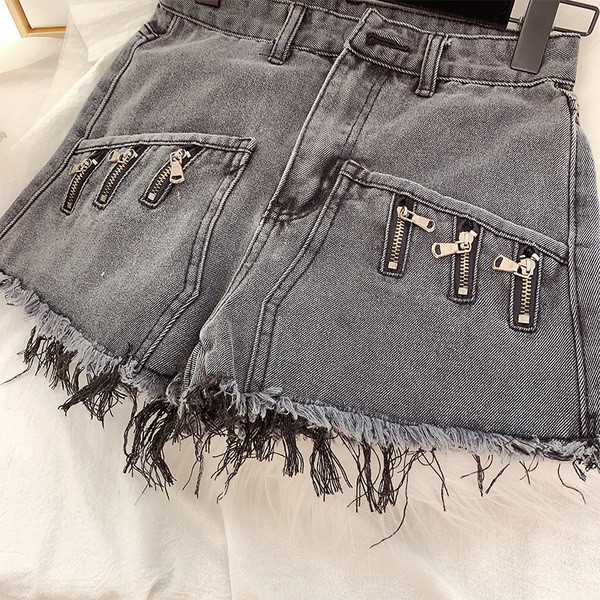 Дамски къси дънки с декорация цип - висока талия