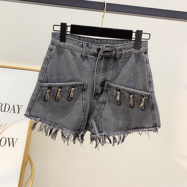 Дамски къси дънки с декорация цип - висока талия