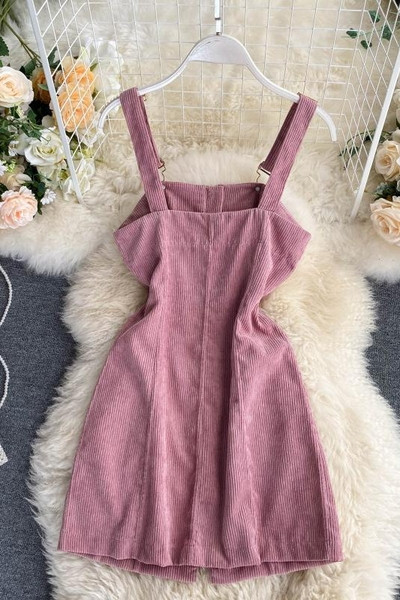 Модерен дамски сукман с цип и презрамки в розов цвят