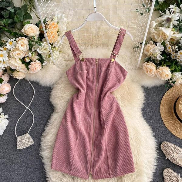 Модерен дамски сукман с цип и презрамки в розов цвят