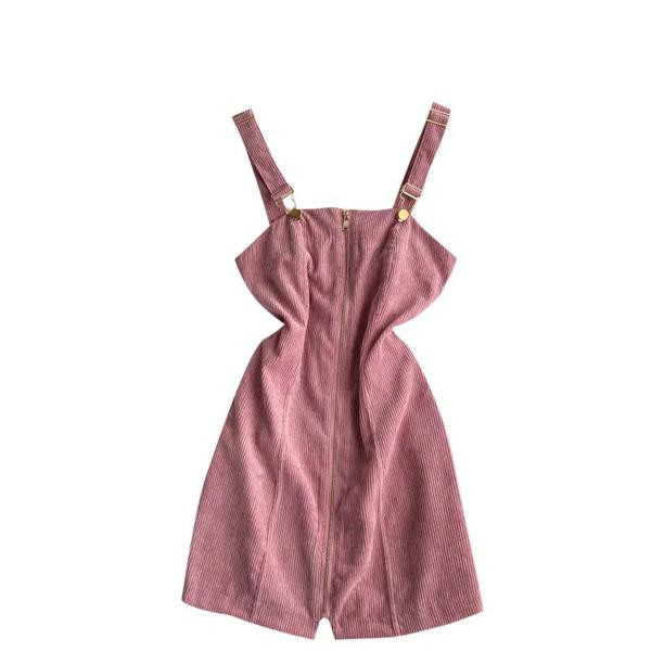 Модерен дамски сукман с цип и презрамки в розов цвят