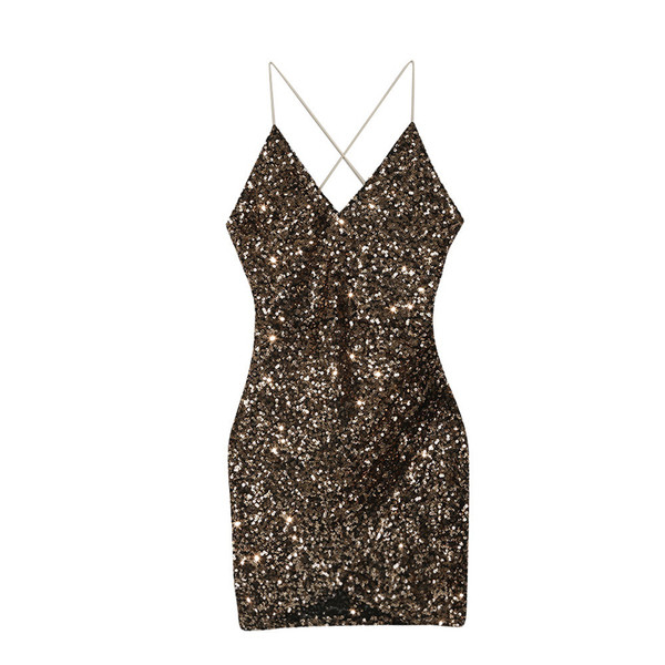 Дамска къса вталена рокля с дълбоко деколте и пайети