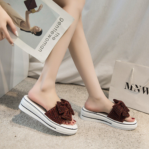 Дамски ежедневни чехли с панделка и 5.5см платформа