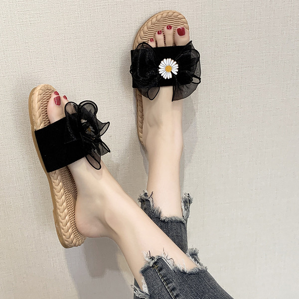 Дамски чехли с панделка и цвете - равна подметка