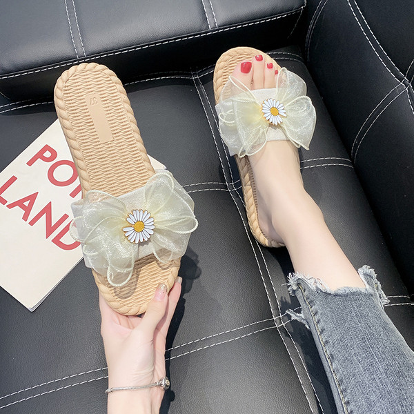 Дамски чехли с панделка и цвете - равна подметка