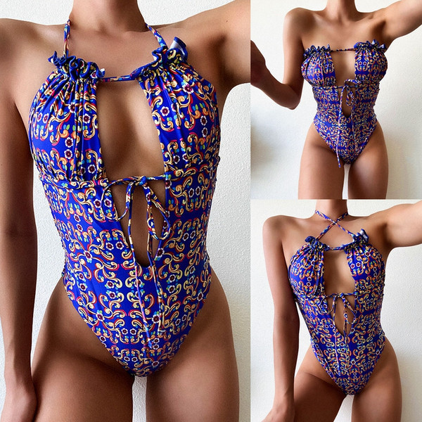 UUS sügava V-kaelusega täisujumistrikoo, sinine lilledega