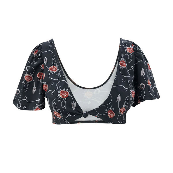 Дамски бански костюм от две части с дълбоко деколте и висока талия 