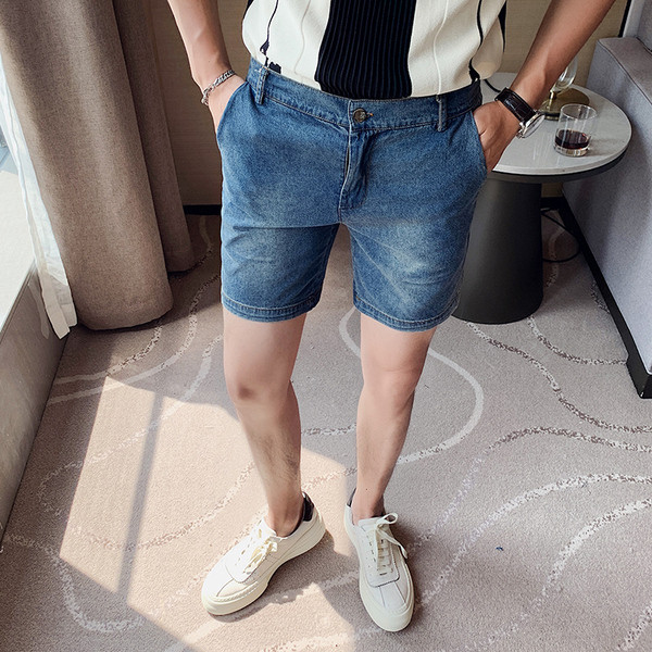 Ежедневни къси мъжки дънки с джобове в син цвят