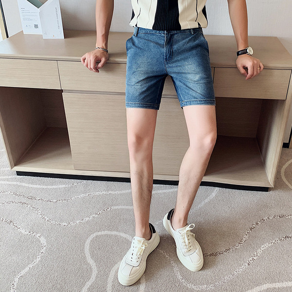 Ежедневни къси мъжки дънки с джобове в син цвят