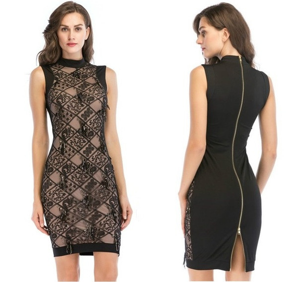 Модерна дамска къса рокля с овално деколте и цип 