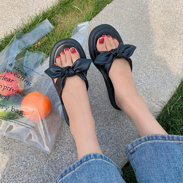 Ежедневни дамски чехли с панделка и равна подметка