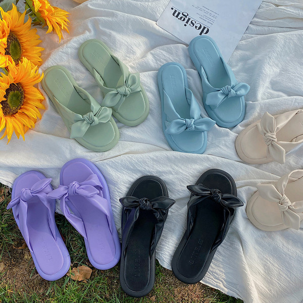 Ежедневни дамски чехли с панделка и равна подметка