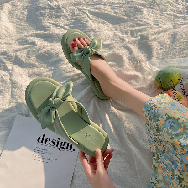 Ежедневни дамски чехли с панделка и равна подметка