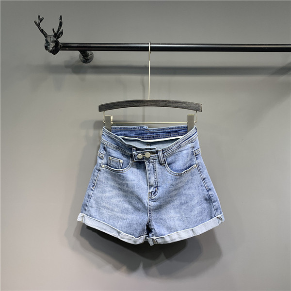 Модерни дънкови къси панталони с висока талия в син цвят