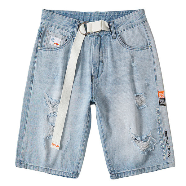 Muške kratke traperice s poderanom desnicom i remenom