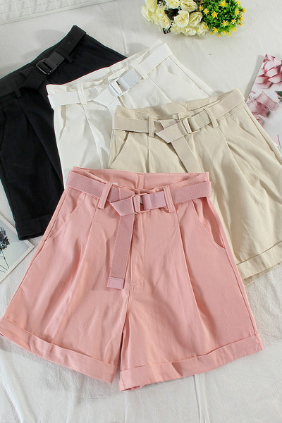 Casual γυναικεία σορτς με ζώνη και ψηλή μέση