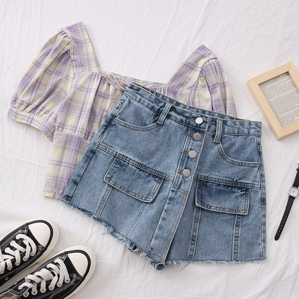 Novi model ženske traper suknje-hlače na gumbe i džepove