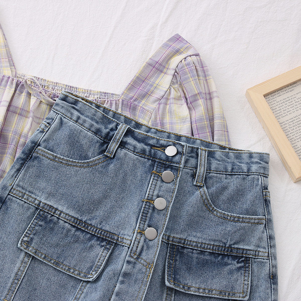 Novi model ženske traper suknje-hlače na gumbe i džepove