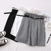 Pantaloni casual dama in carouri cu talie inalta si curea