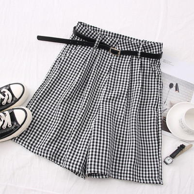 Pantaloni casual dama in carouri cu talie inalta si curea