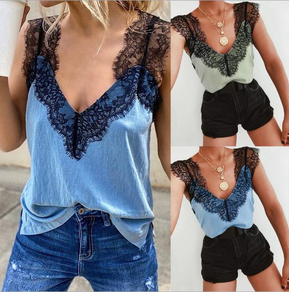 Naiste vabaaja topp sügava dekoltee ja pitsiga