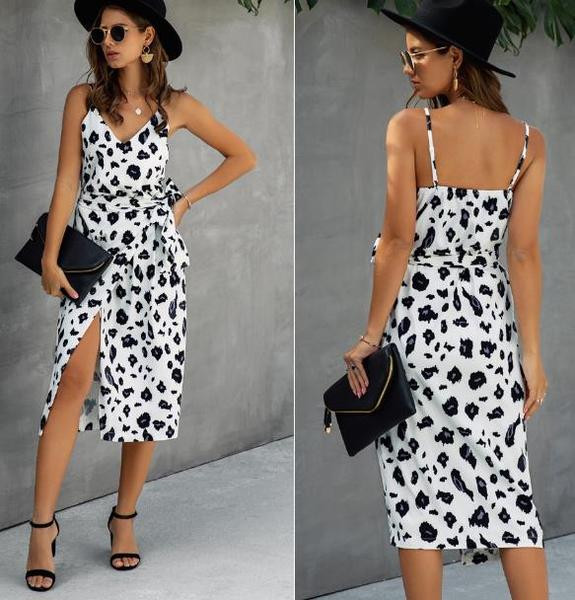 Ženska ležerna haljina s tankim naramenicama i prorezom