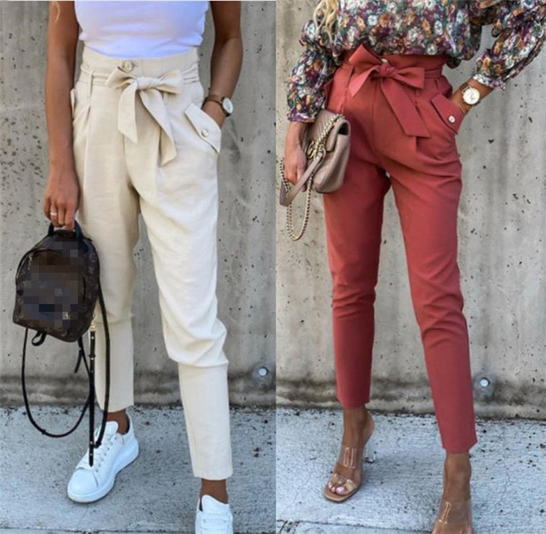 Divatos női hosszú nadrág magas derékkal és szalaggal