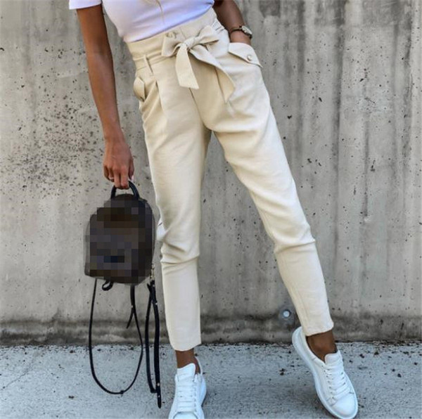 Divatos női hosszú nadrág magas derékkal és szalaggal