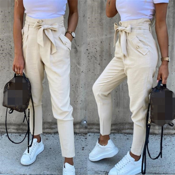 Divatos női hosszú nadrág magas derékkal és szalaggal