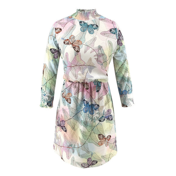 Stílusos női rövid ruha magas gallérral, mintával és hosszú ujjakkal