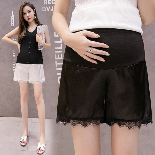 Moteriški satininiai šortai nėščiosioms su nėriniais