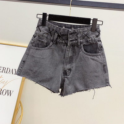 Pantaloni scurți din denim de damă cu talie înaltă și cravate încrucișate
