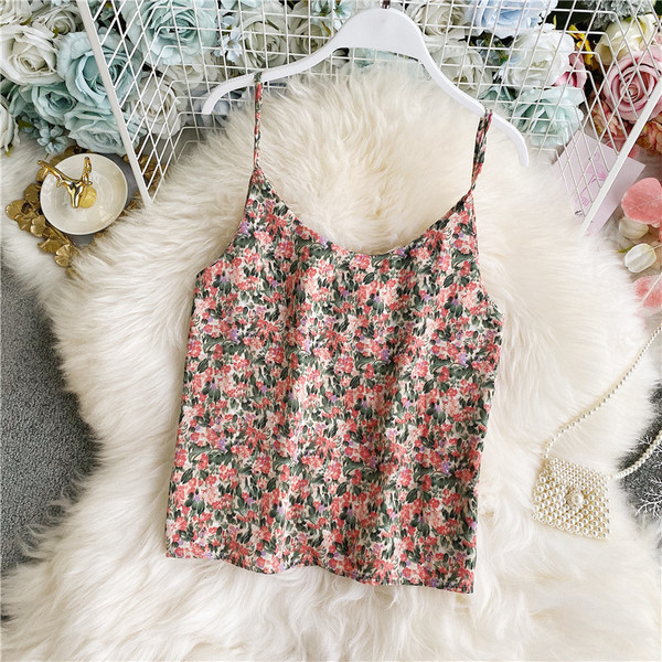 Дамски потник с  флорален десен и тънки презрамки