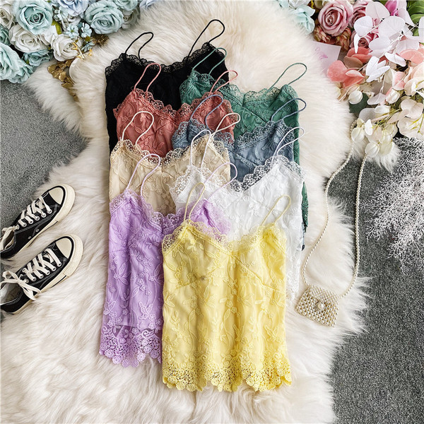 Čipkana kratka ženska majica bez rukava s tankim naramenicama