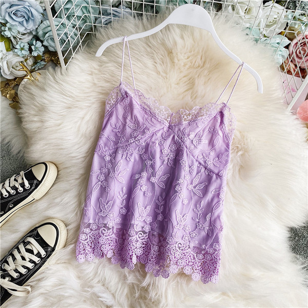 Čipkana kratka ženska majica bez rukava s tankim naramenicama