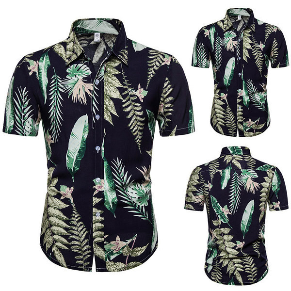 Модерна мъжка риза с класическа яка и флорален десен в син цвят 