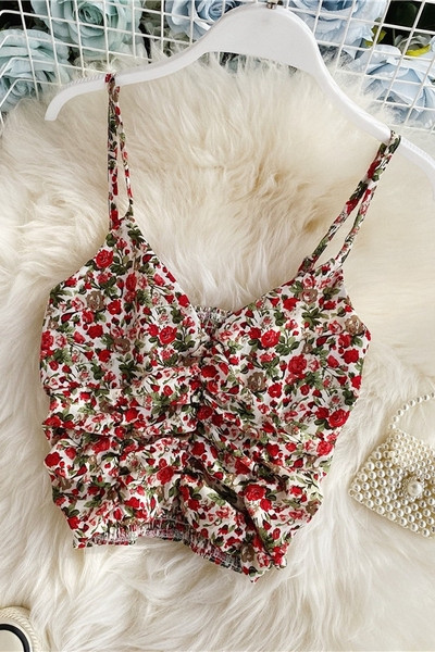 Maieu scurt de damă cu model elastic și floral și bretele subțiri