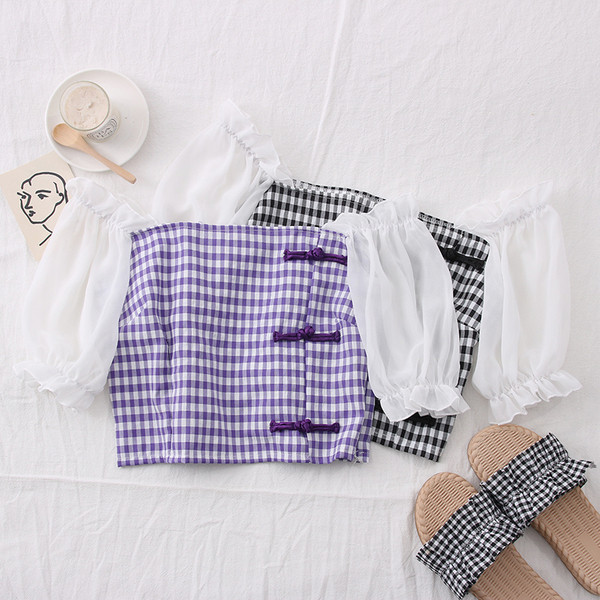 Ženska karirana bluza golih ramena i 3/4 rukava