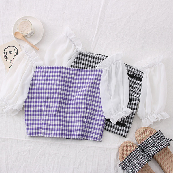 Ženska karirana bluza golih ramena i 3/4 rukava