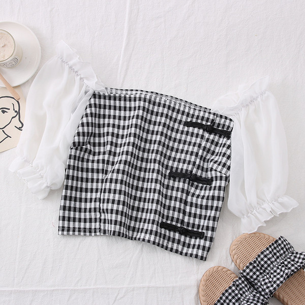 Ženska karirana bluza golih ramena i 3/4 rukava